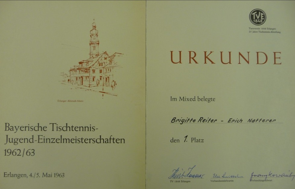 Urkunde für die Bayerische Jugendmeisterschaft im Mixed 1963