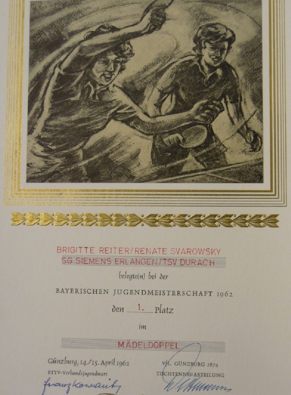 Urkunde für die Bayerische Jugendmeisterschaft im Mädchendoppel 1962