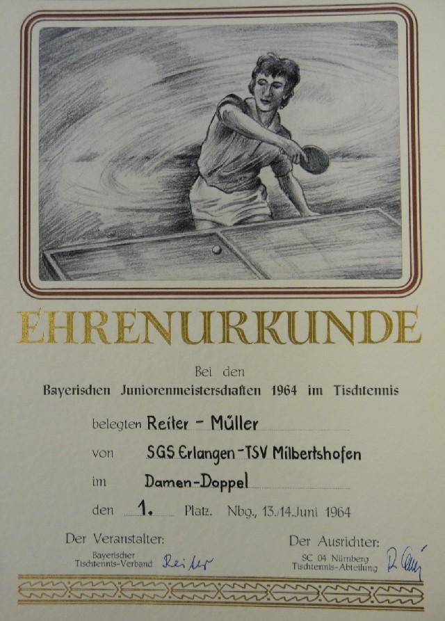 Urkunde für die Bayerische Juniorenmeisterschaft im Mädchendoppel 1964