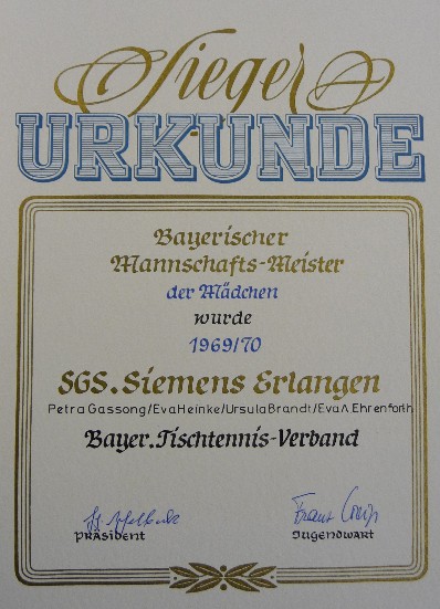 Urkunde für die Bayerische Mädchenmannschaftsmeisterschaft 1969/70