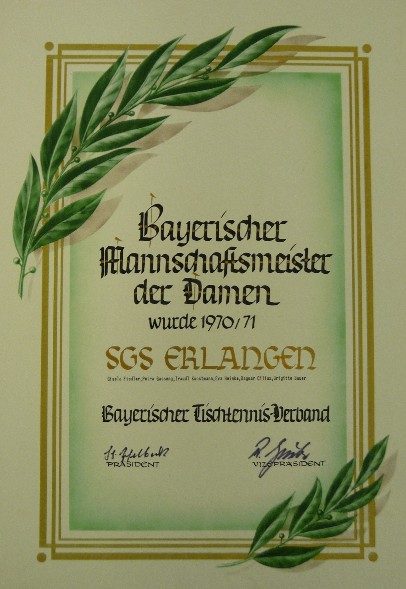 Urkunde für die Bayerische Damen-Mannschaftsmeisterschaft 1970/71