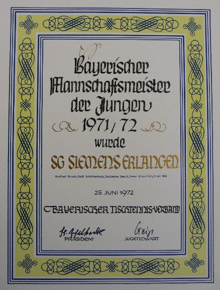Urkunde für die Bayerische Jungenmannschaftsmeisterschaft 1971/72