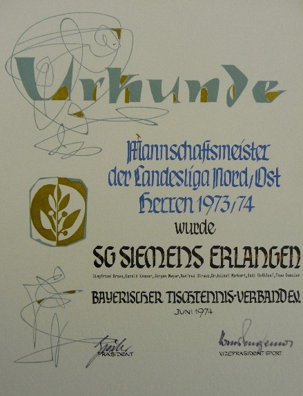 Urkunde für die Landesliga-Meisterschaft 1973/74